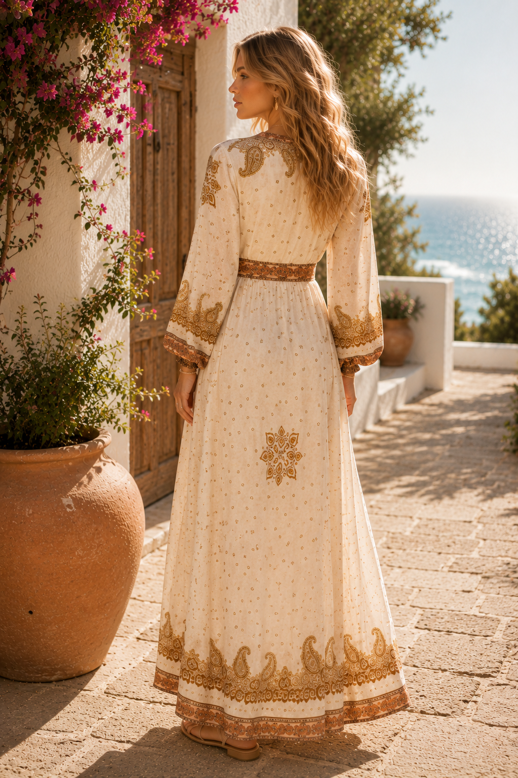 Ivory Paisley Border Modest Wrap Maxi Dress