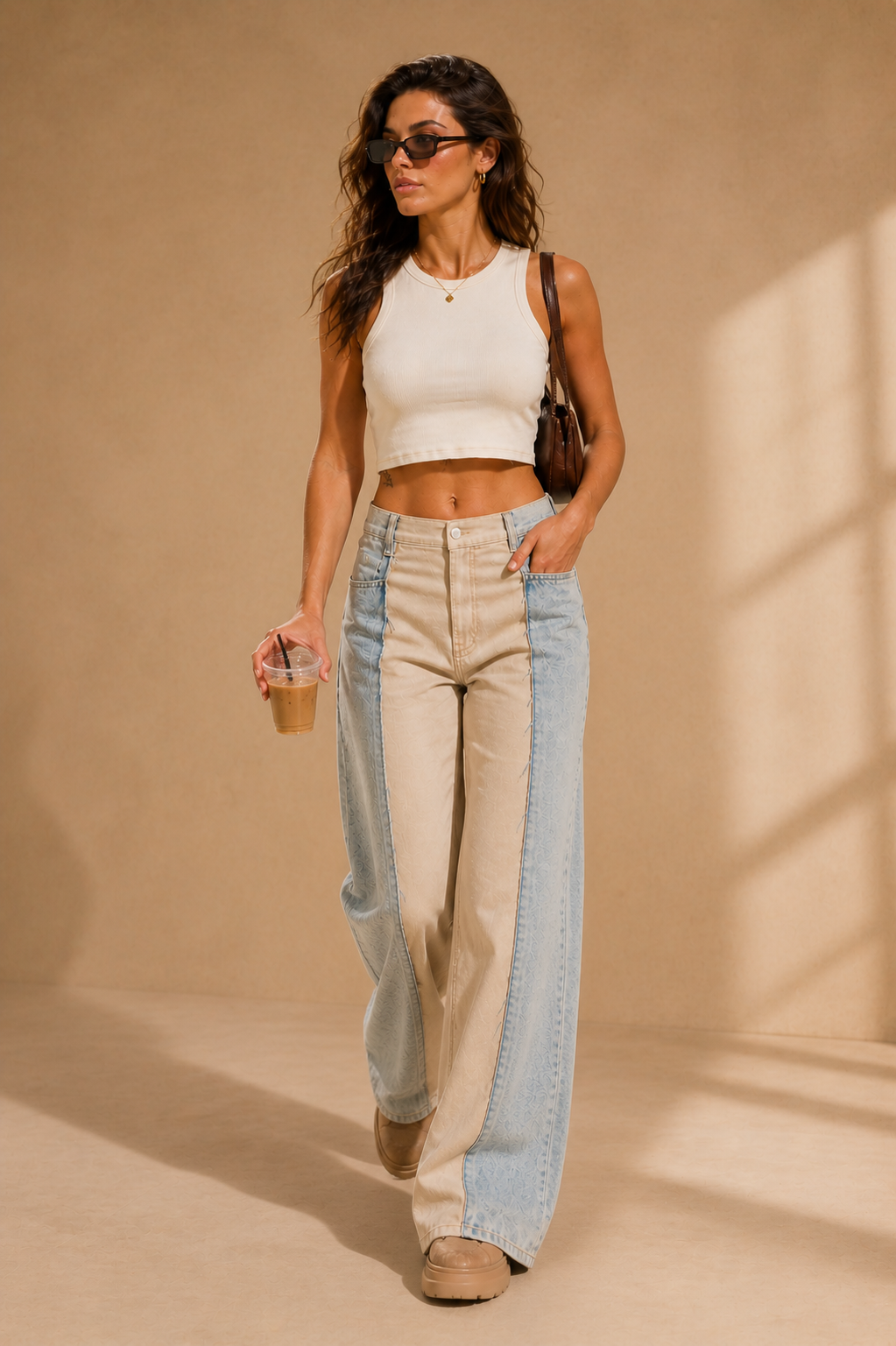 Beige & Denim Two-Tone Pants