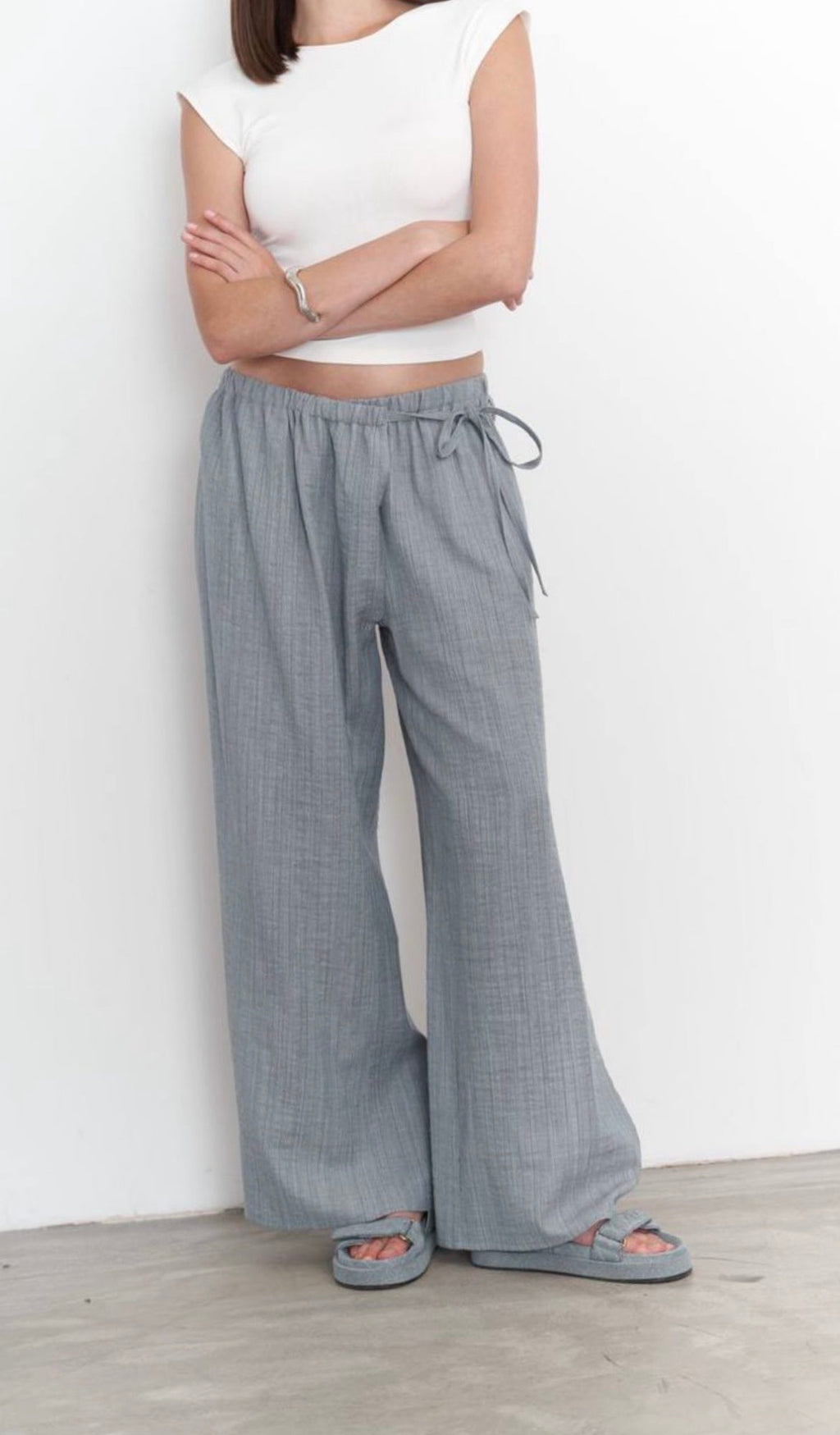 Grey Cross-Detail Linen Pants