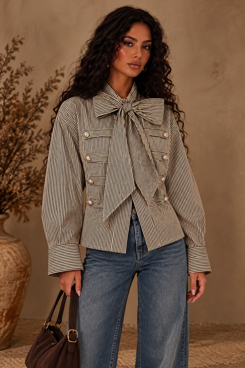 The Ottilie Striped Bow Military Blouse