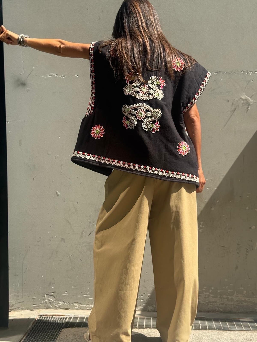 Embroidered Black Vest with Floral Details