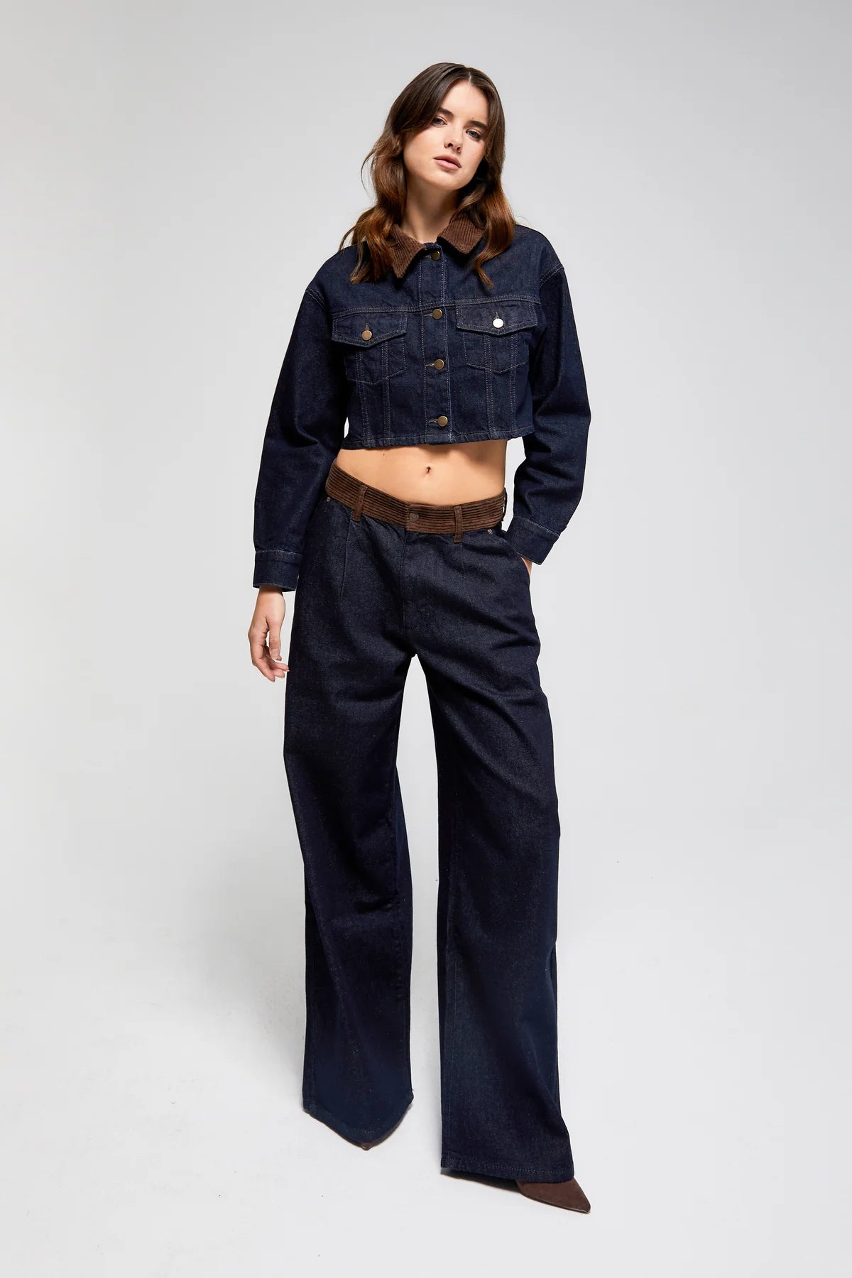 Dark Indigo Wide-Leg Jeans with Corduroy Waistband