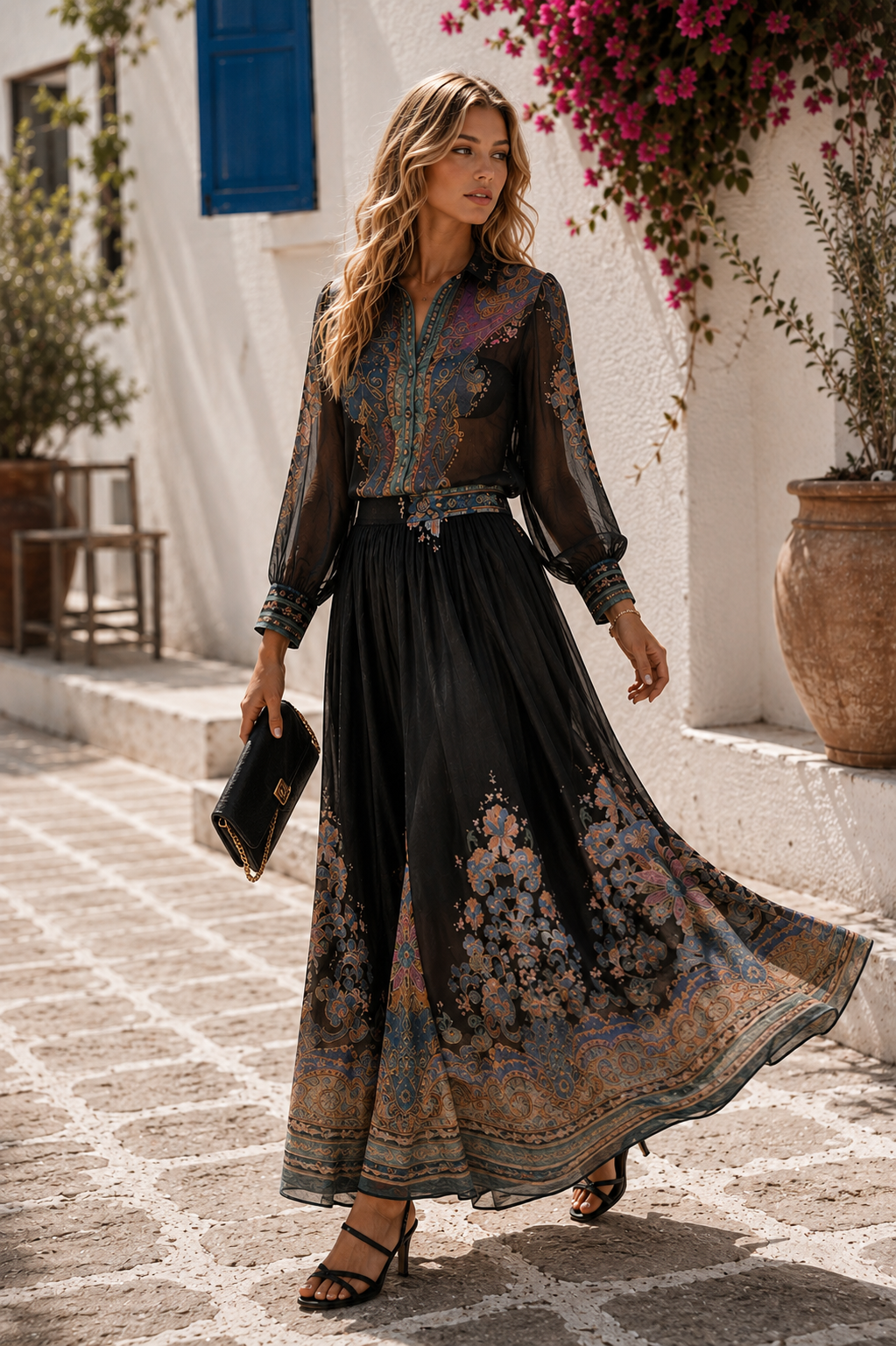 Midnight Garden Chiffon Blouse & Maxi Skirt Set