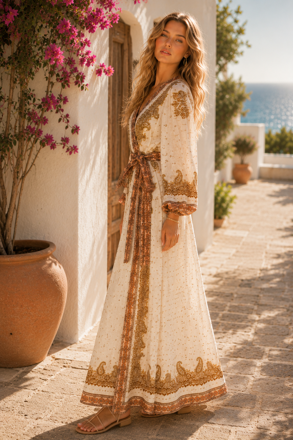 Ivory Paisley Border Modest Wrap Maxi Dress