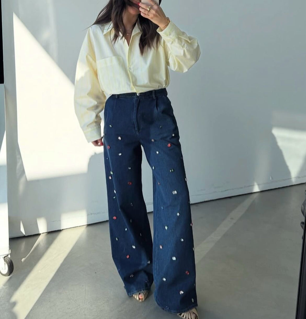 Gem-Embellished Denim Pants
