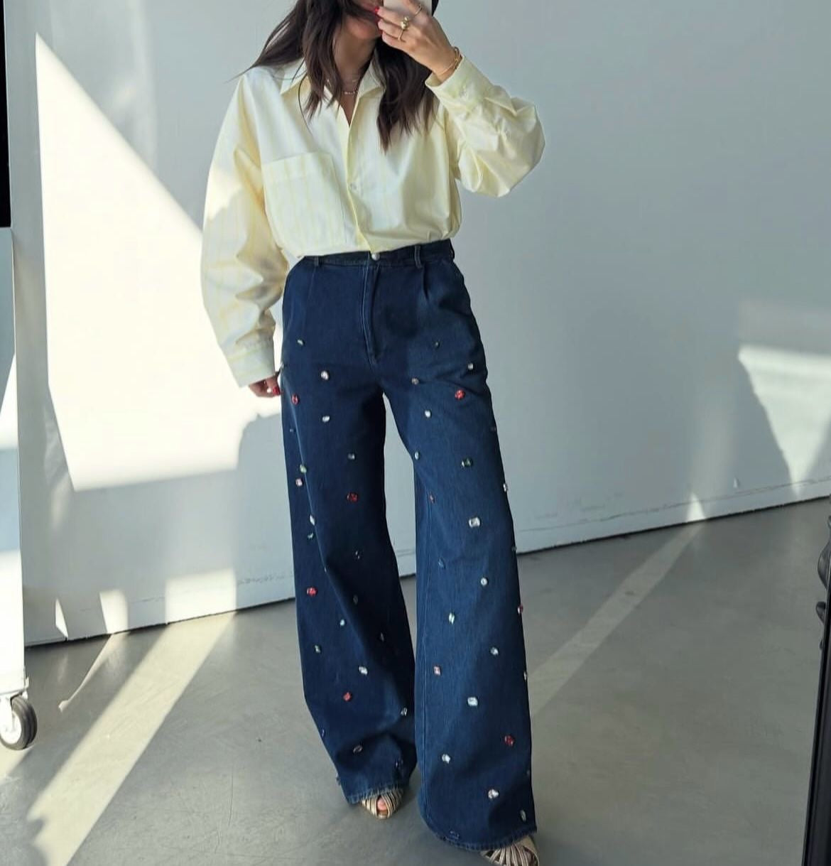 Gem-Embellished Denim Pants