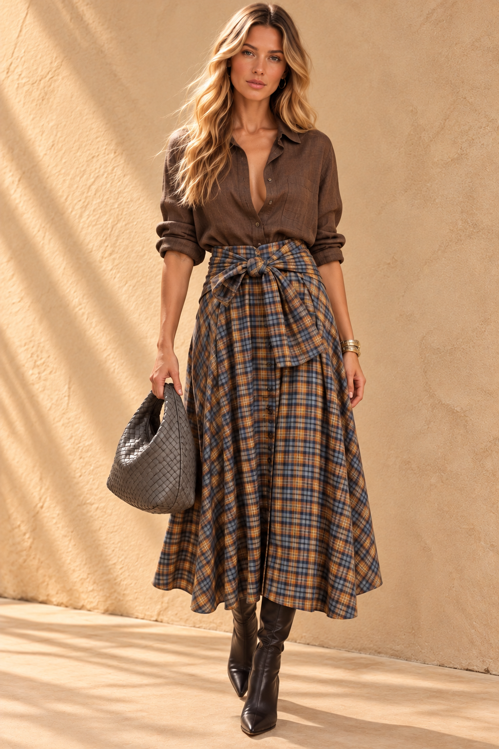 Heritage Plaid Tie-Waist Midi Skirt