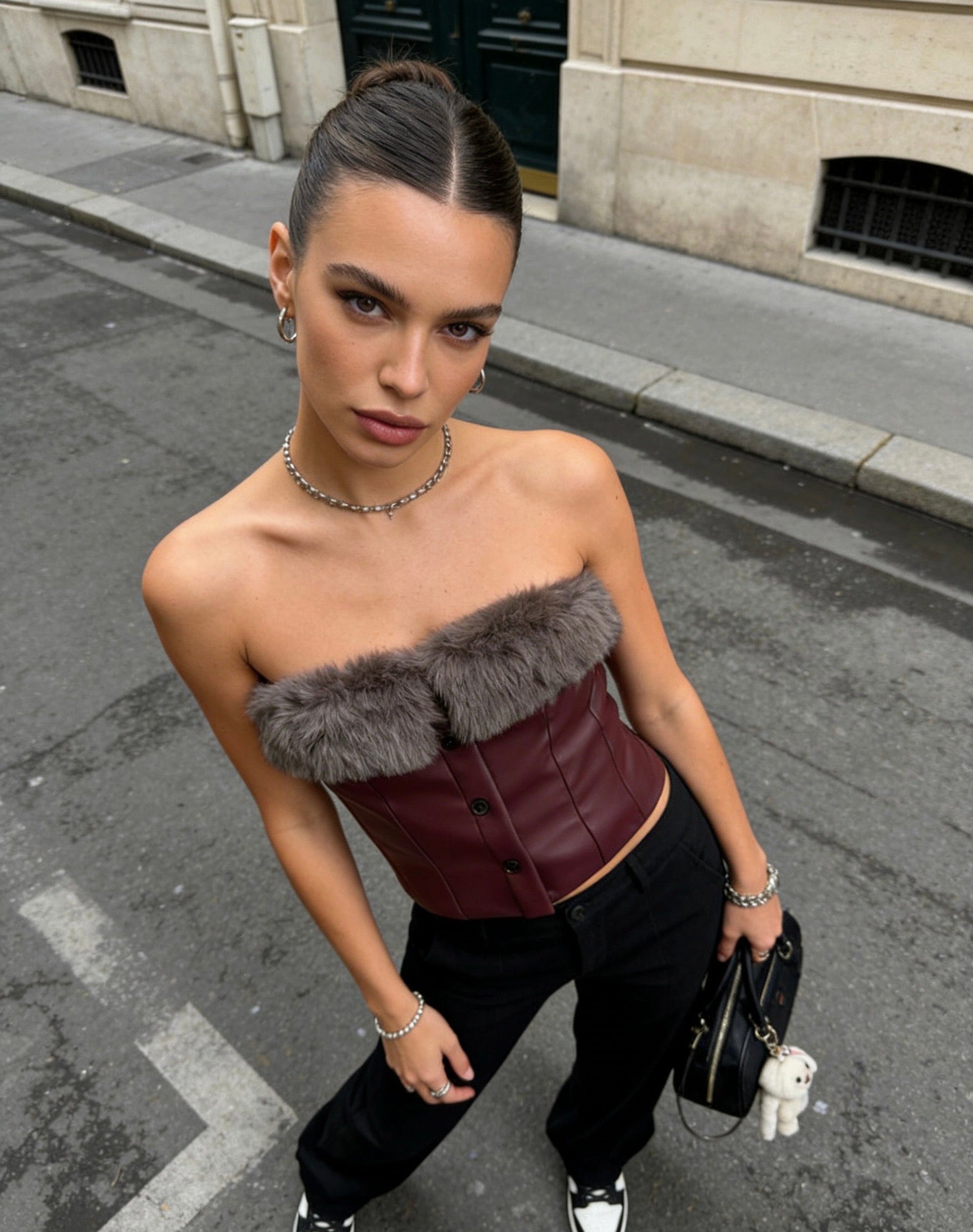 Leather Fur-Trim Corset Top