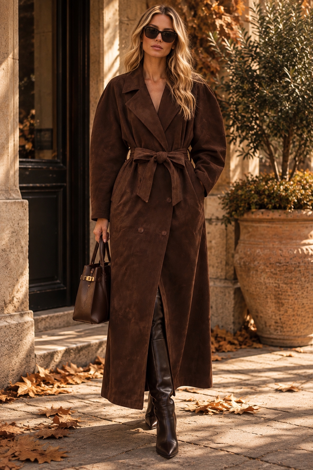 Suede Belted Trench Coat – Chocolate Brown