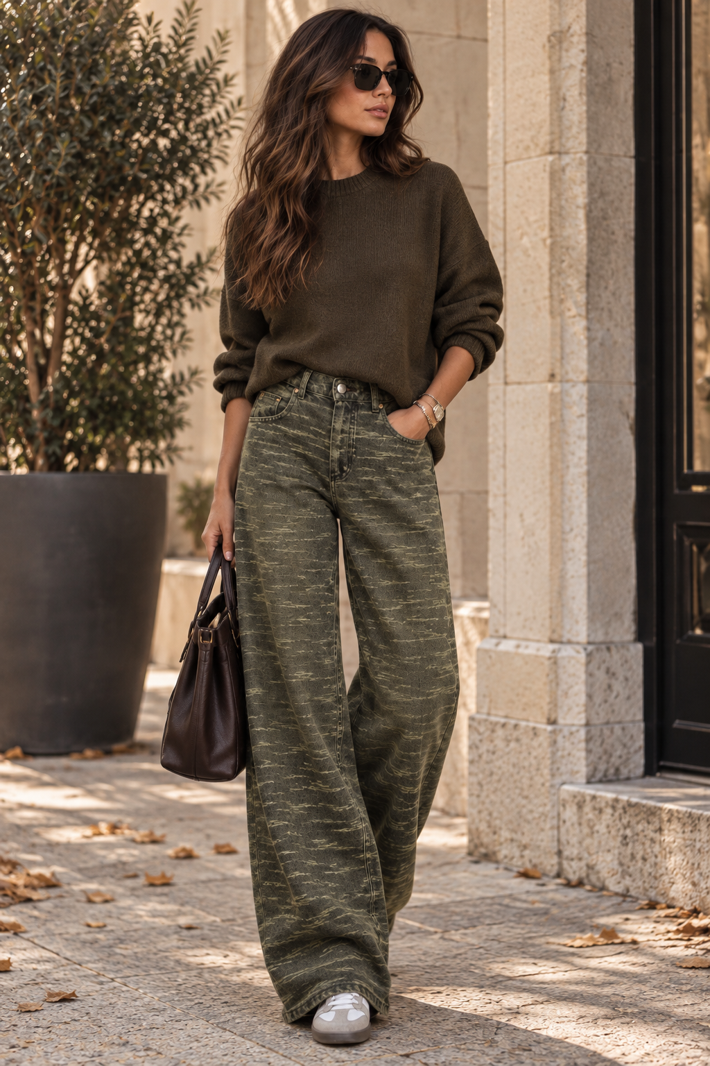 Olive Textured Palazzo Jeans