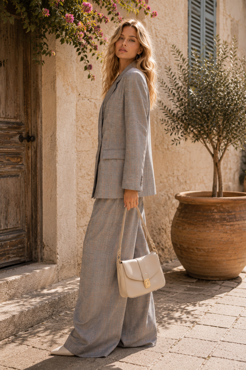 Grey Check Oversized Blazer & Wide-Leg Trousers Set