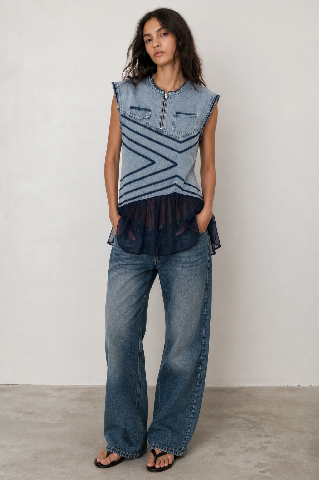 Denim & Chiffon Cut-Out Shirt