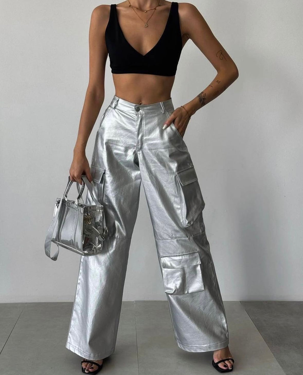 Metallic Silver Cargo Pants
