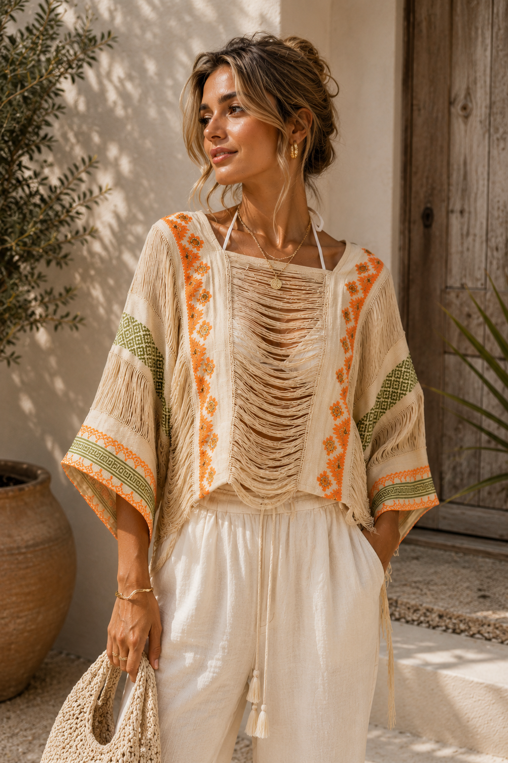 The Boho Edit Tribal Thread Short Sleeve Top