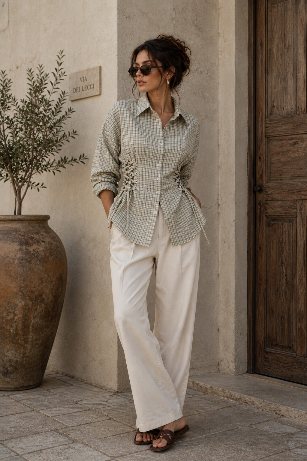 Checked Ruched Waist Shirt