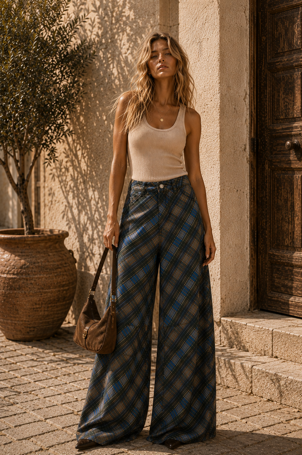 Blue Tartan Wide-Leg Trousers