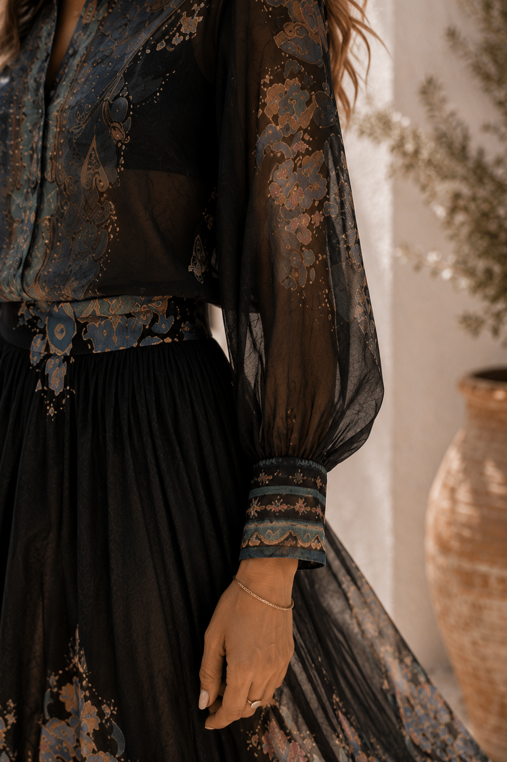 Midnight Garden Chiffon Blouse & Maxi Skirt Set