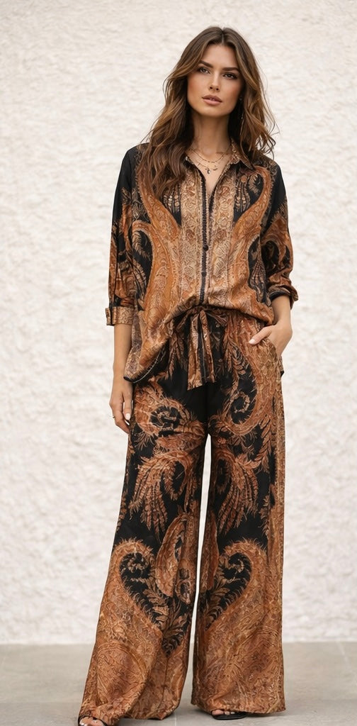 Luxe Paisley Print Shirt and Palazzo Pants Set