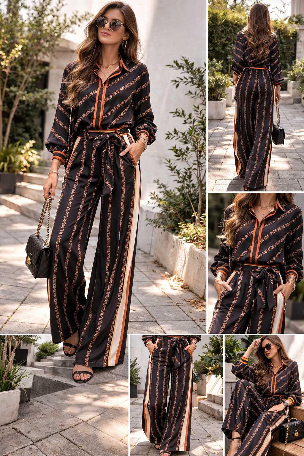 Chain Print Shirt & Palazzo Pants Co-Ord Set - Black & Coral