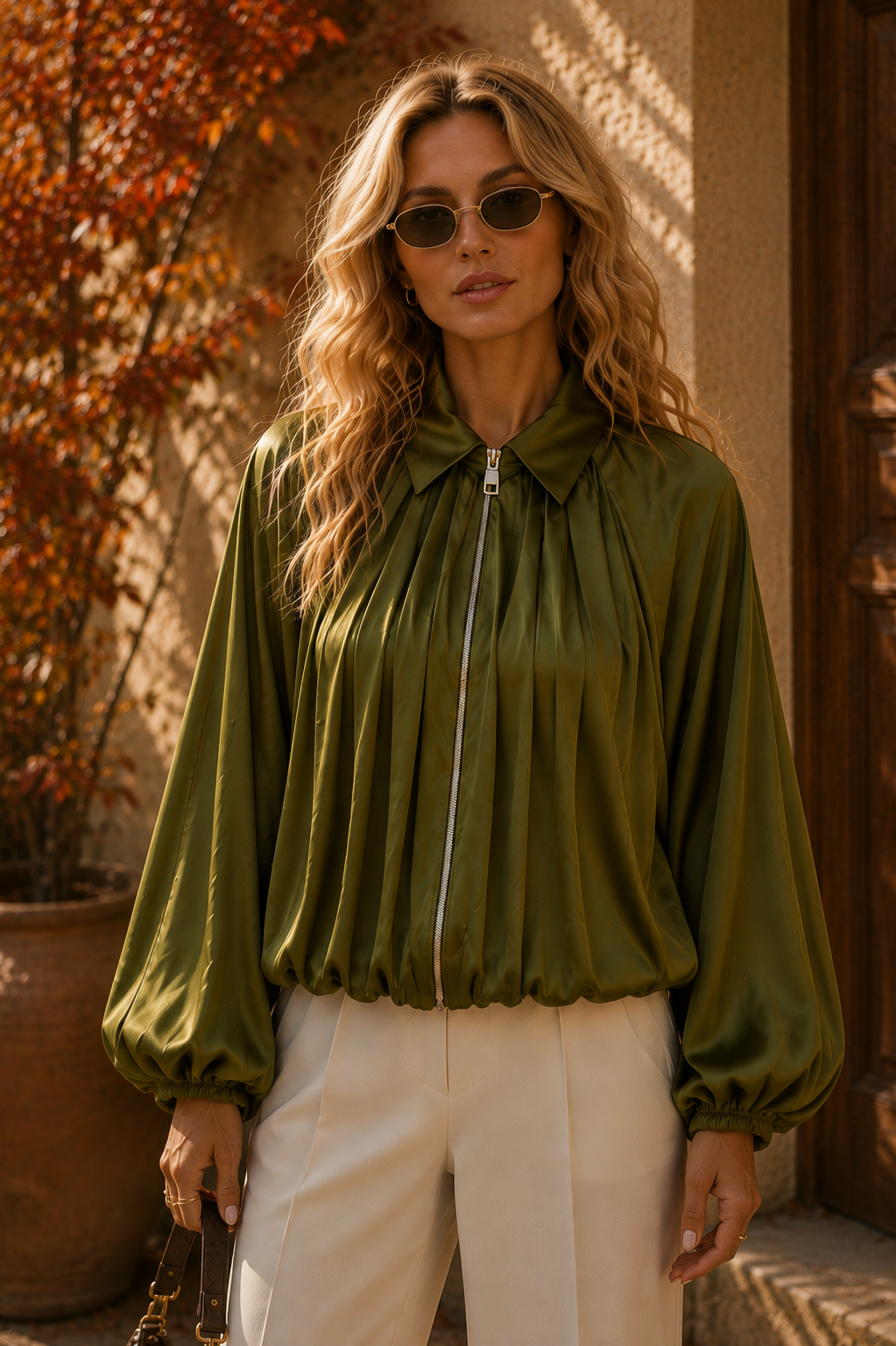 Olive Satin Pleated Zip Blouse
