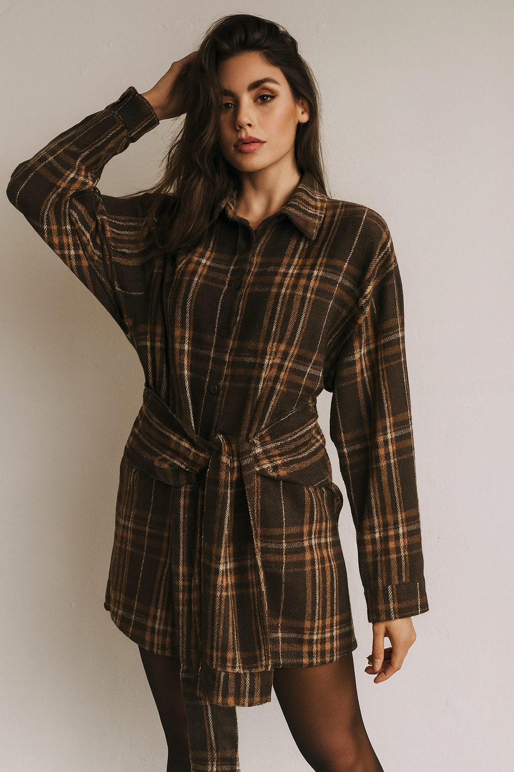 Checked Tie-Waist Shirt Dress