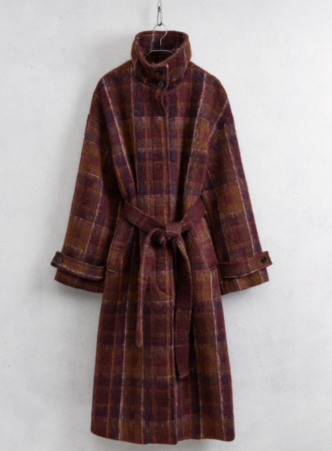 Burgundy & Navy Plaid Wool Coat