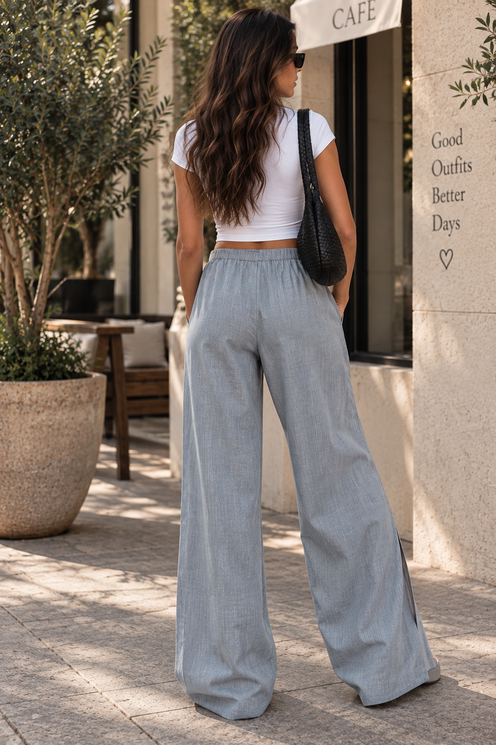 Grey Cross-Detail Linen Pants