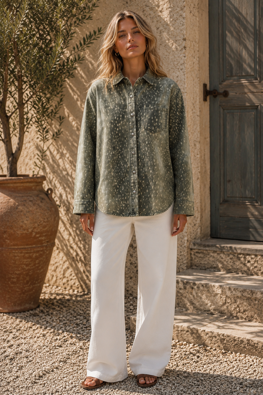 The Wild Meadow Denim Shirt – Olive Deer Print