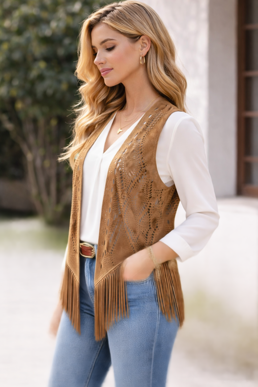Suede Fringe Cut-Out Vest
