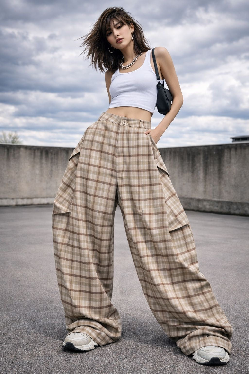 Beige Plaid Balloon Pants