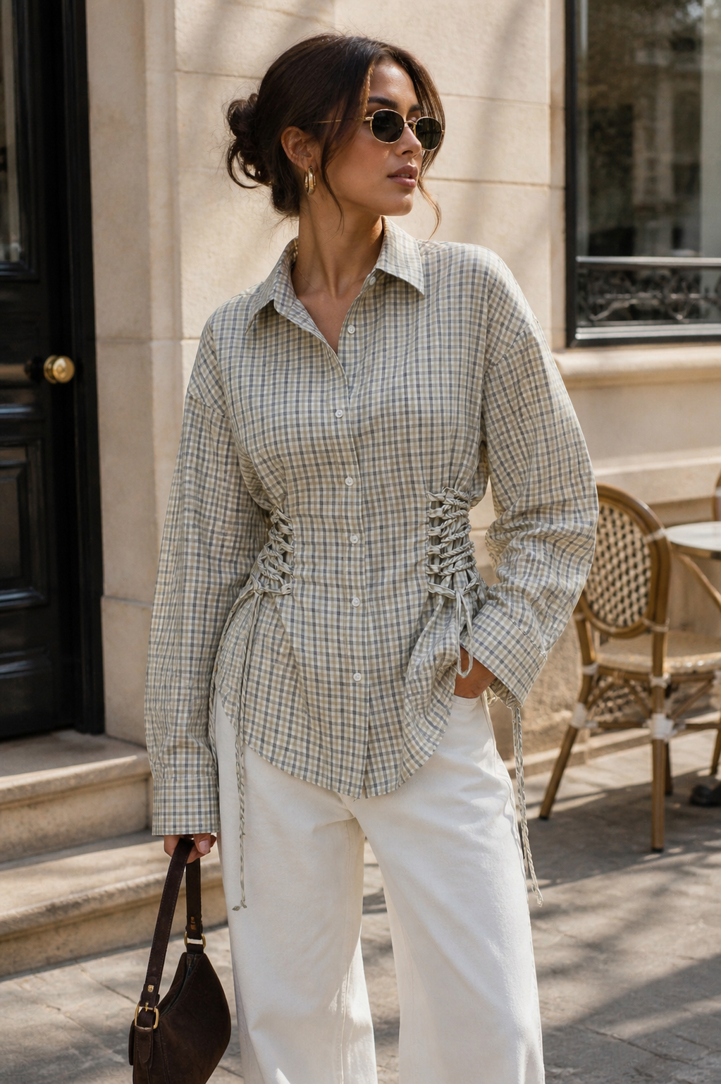 Checked Ruched Waist Shirt