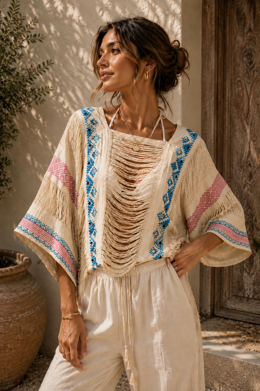 The Boho Edit Tribal Thread Short Sleeve Top