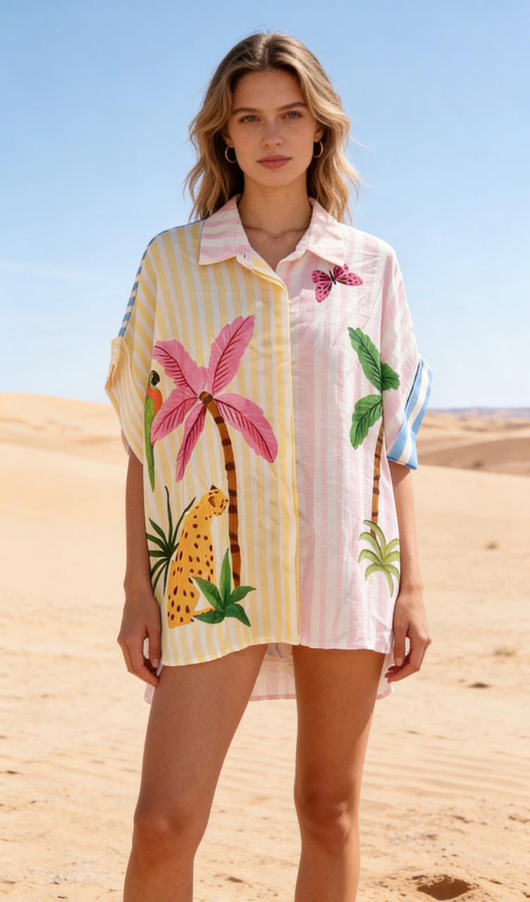 Tropical Print Loose Shirt & Pants Set