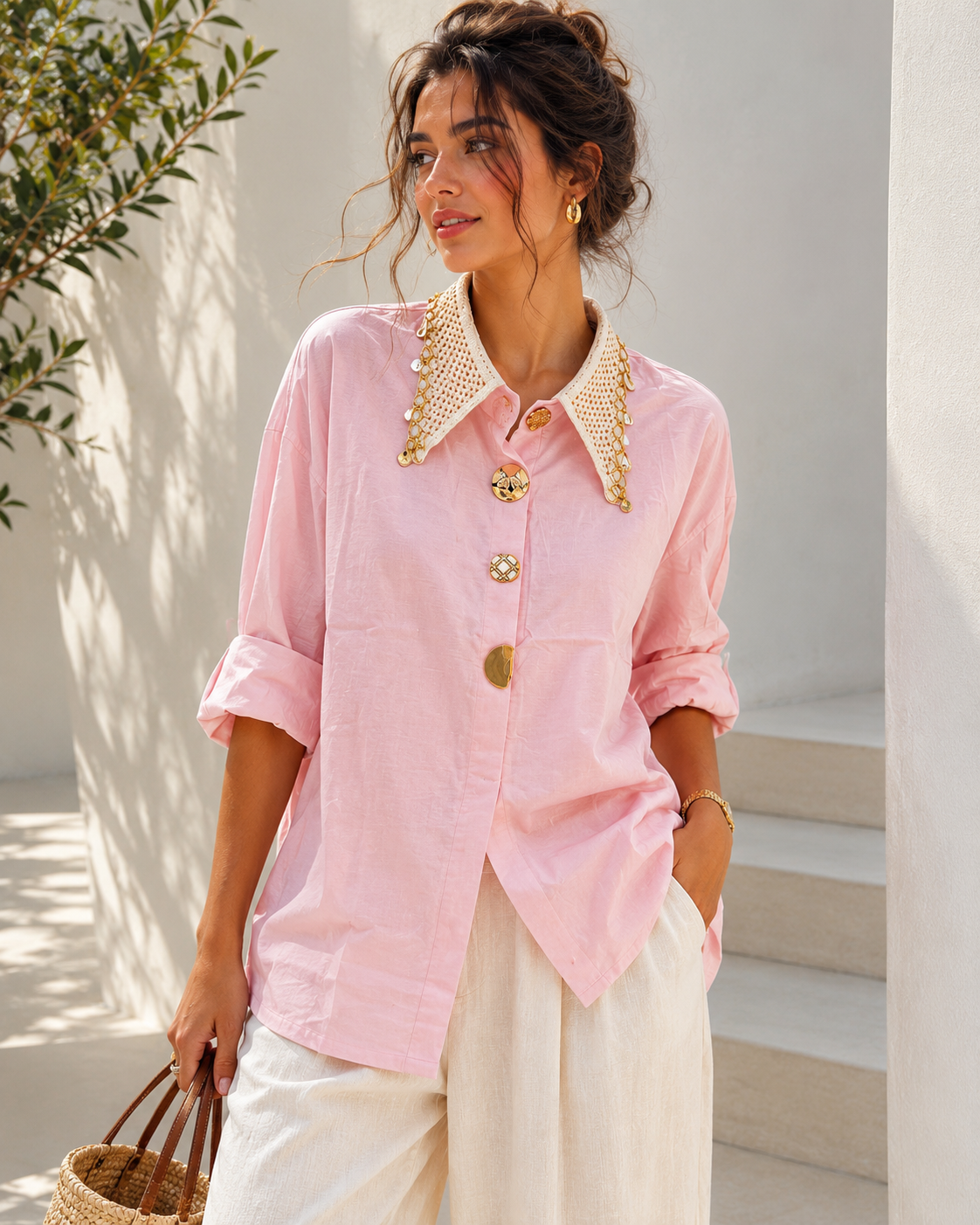 Linen with Crochet collar