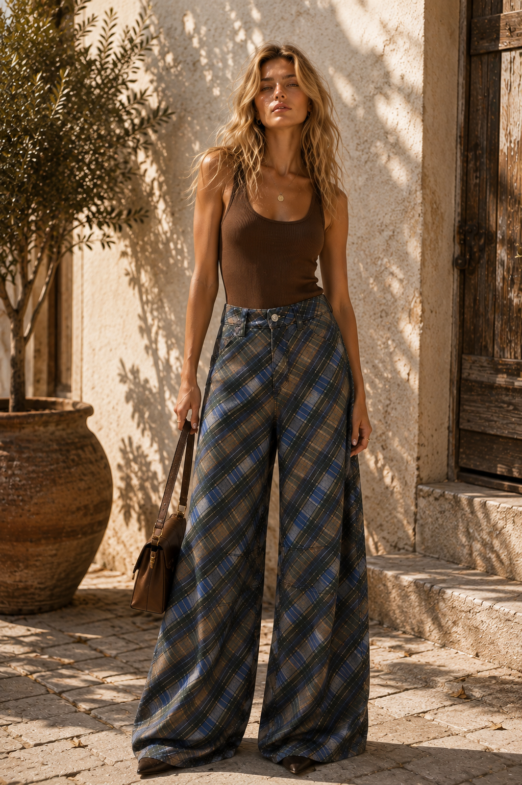 Blue Tartan Wide-Leg Trousers