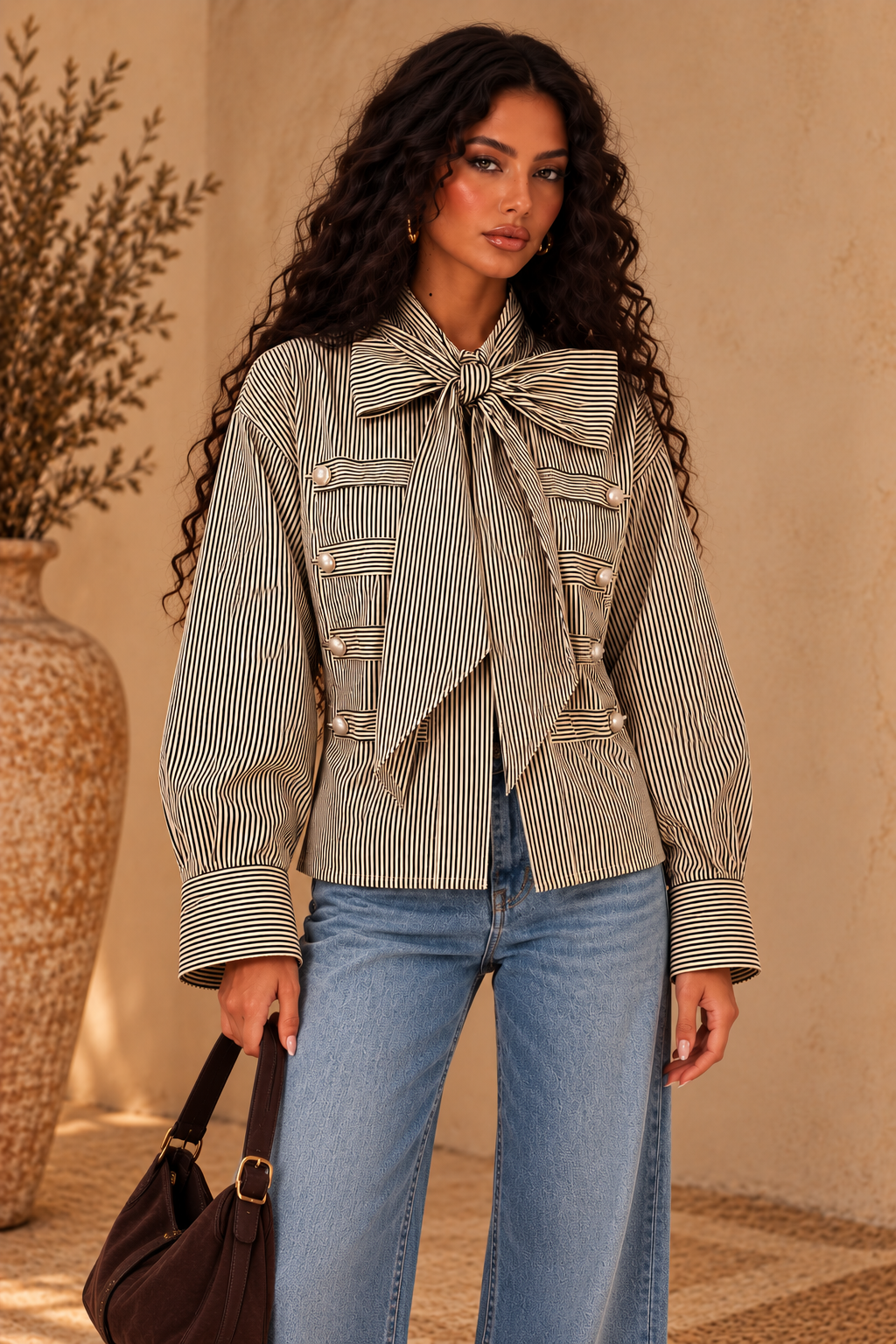 The Ottilie Striped Bow Military Blouse