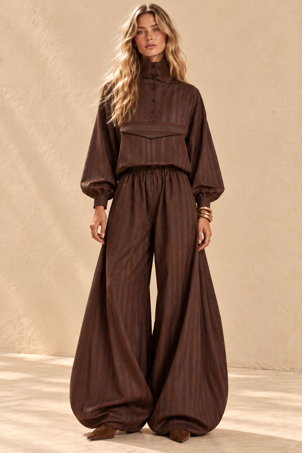 Chocolate Pinstripe Balloon-Sleeve Trouser Set