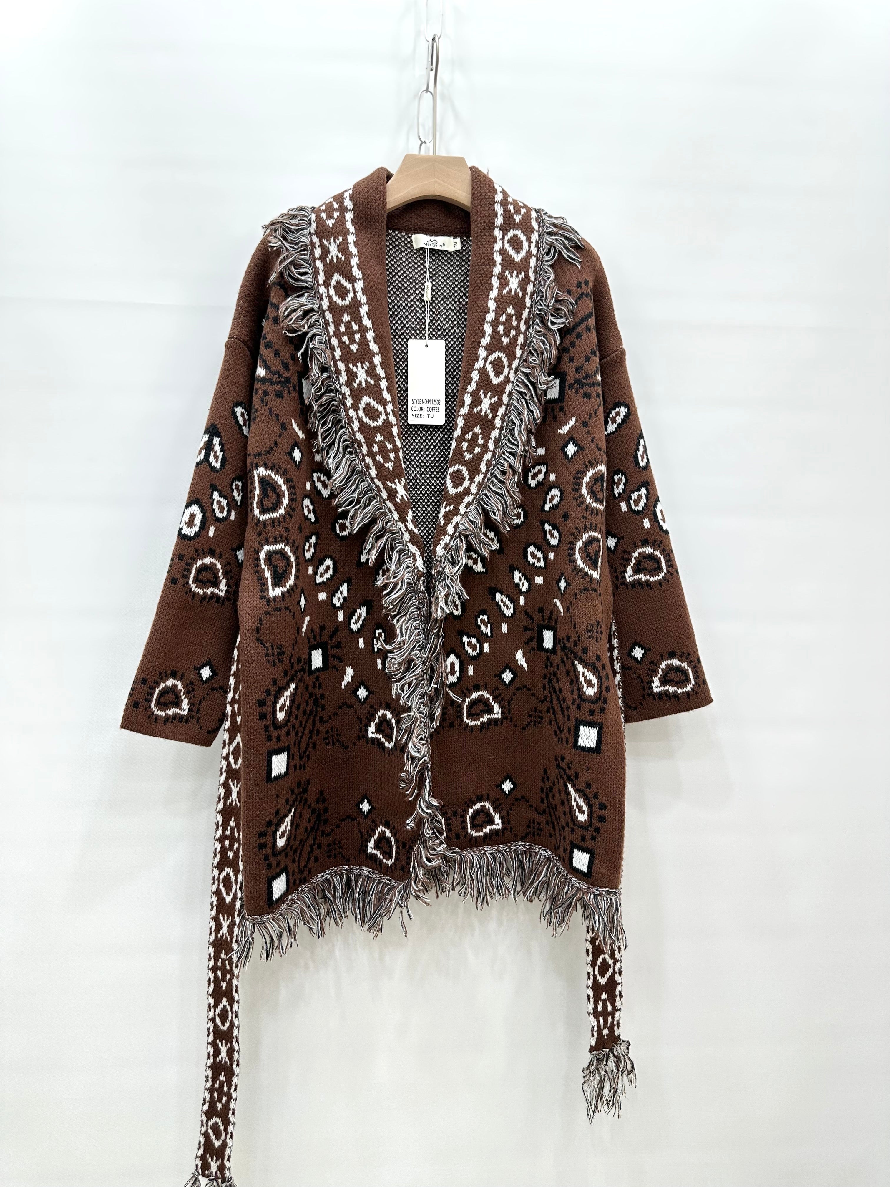 Fringed Jacquard Knit Cardigan