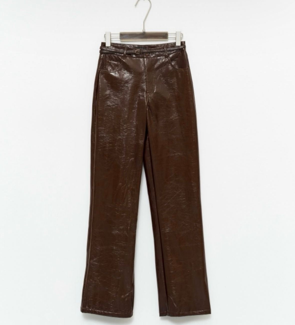 Glossy Faux Leather Straight-Leg Pants – Brown