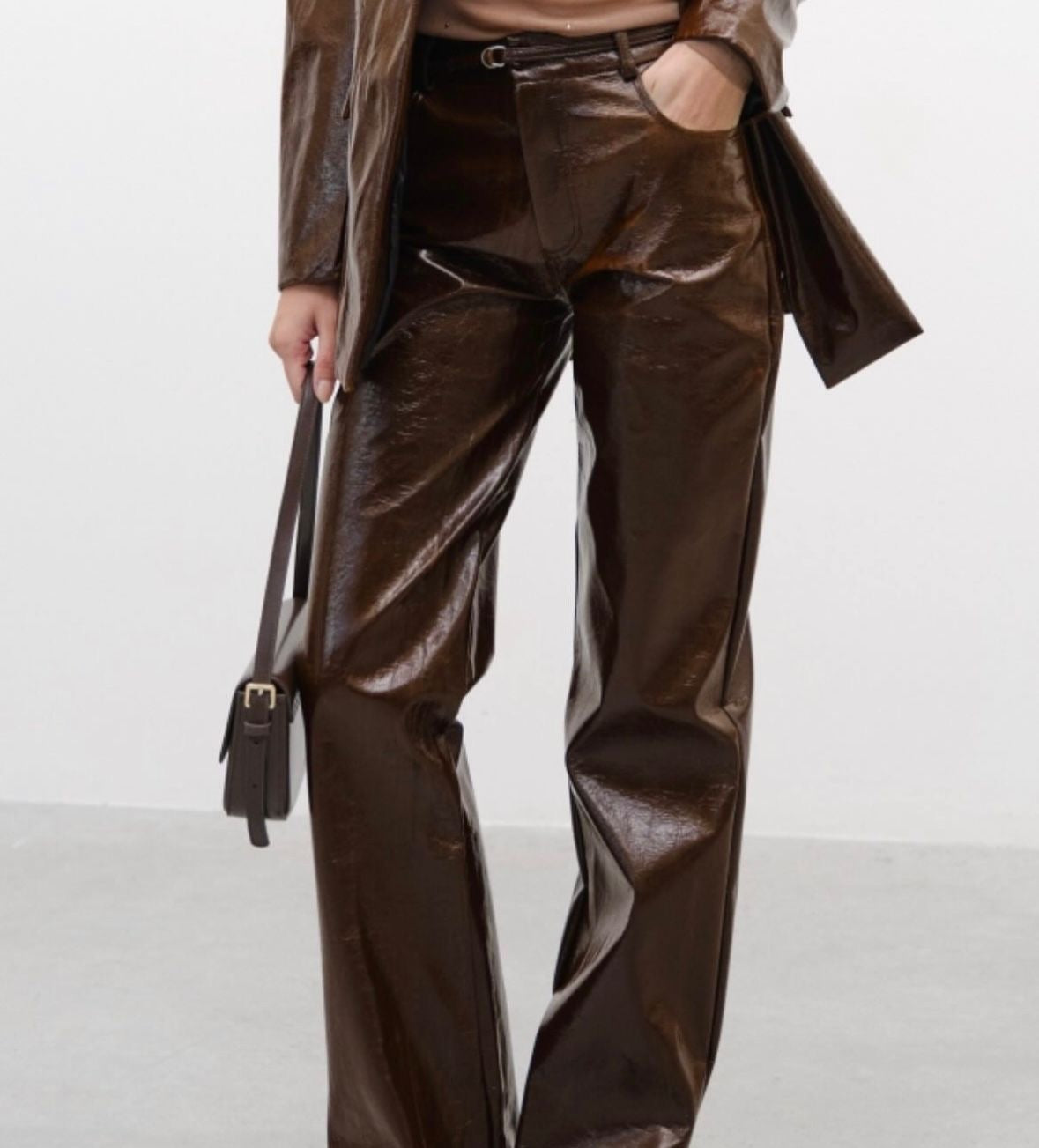 Glossy Faux Leather Straight-Leg Pants – Brown