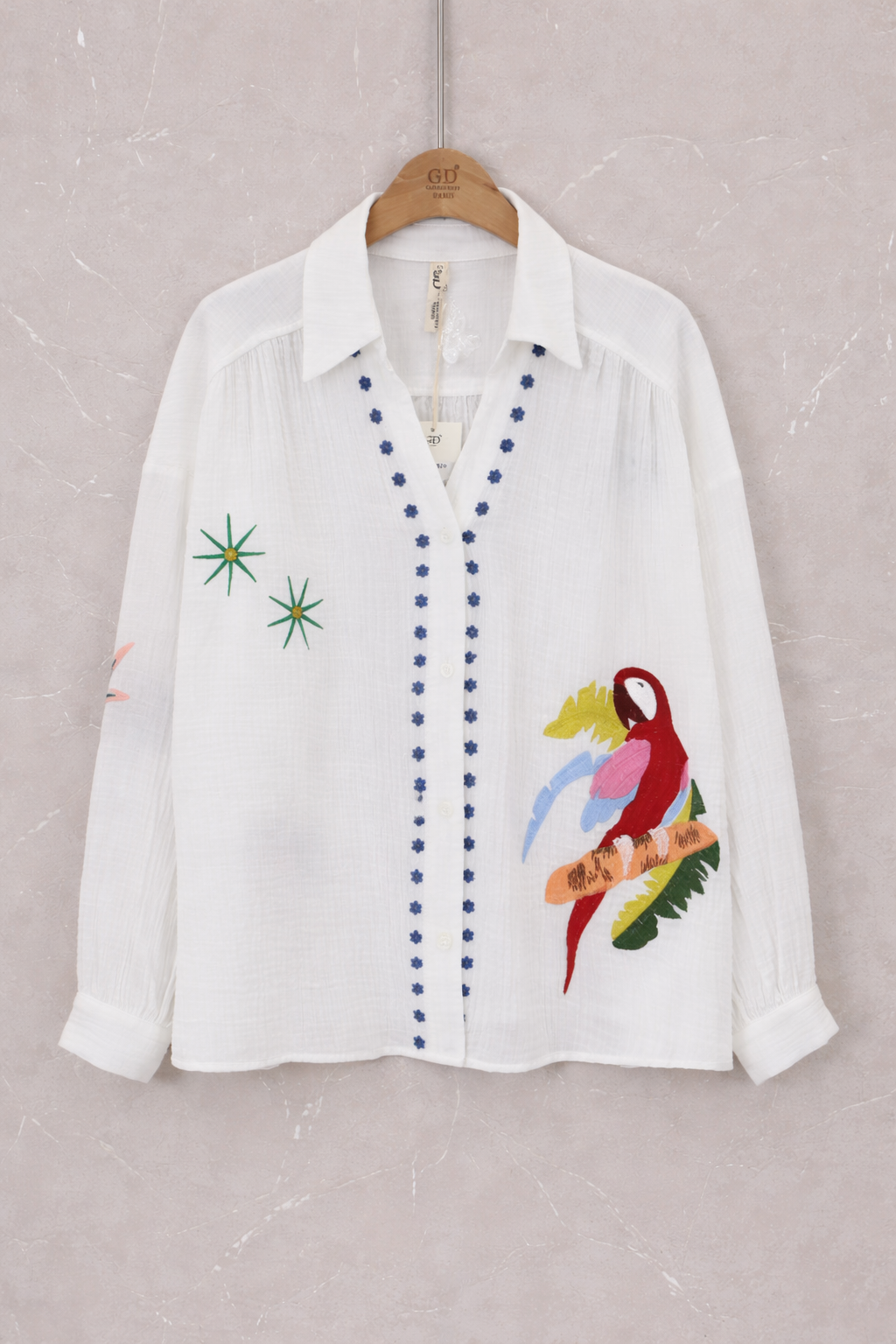 White Embroidered Parrot Shirt