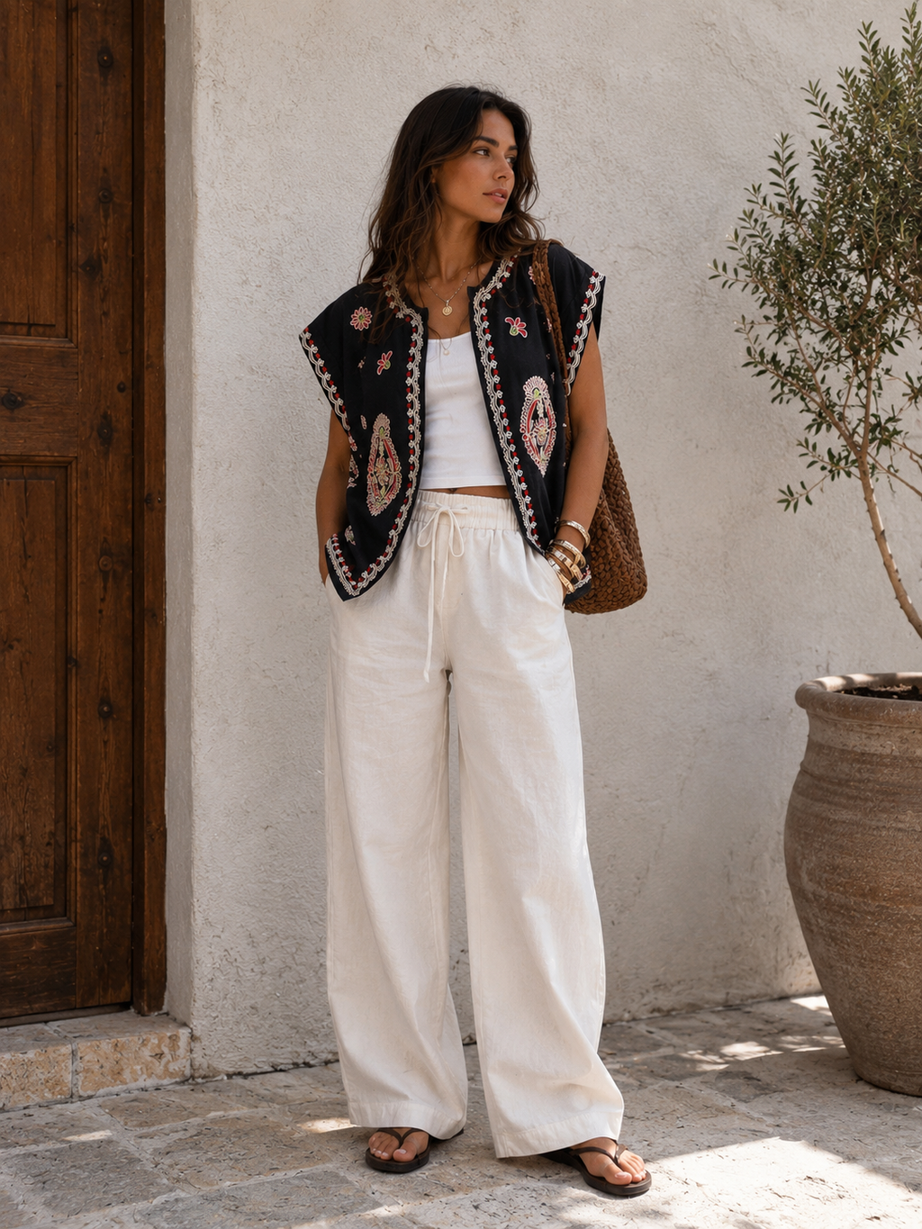 Embroidered Black Vest with Floral Details