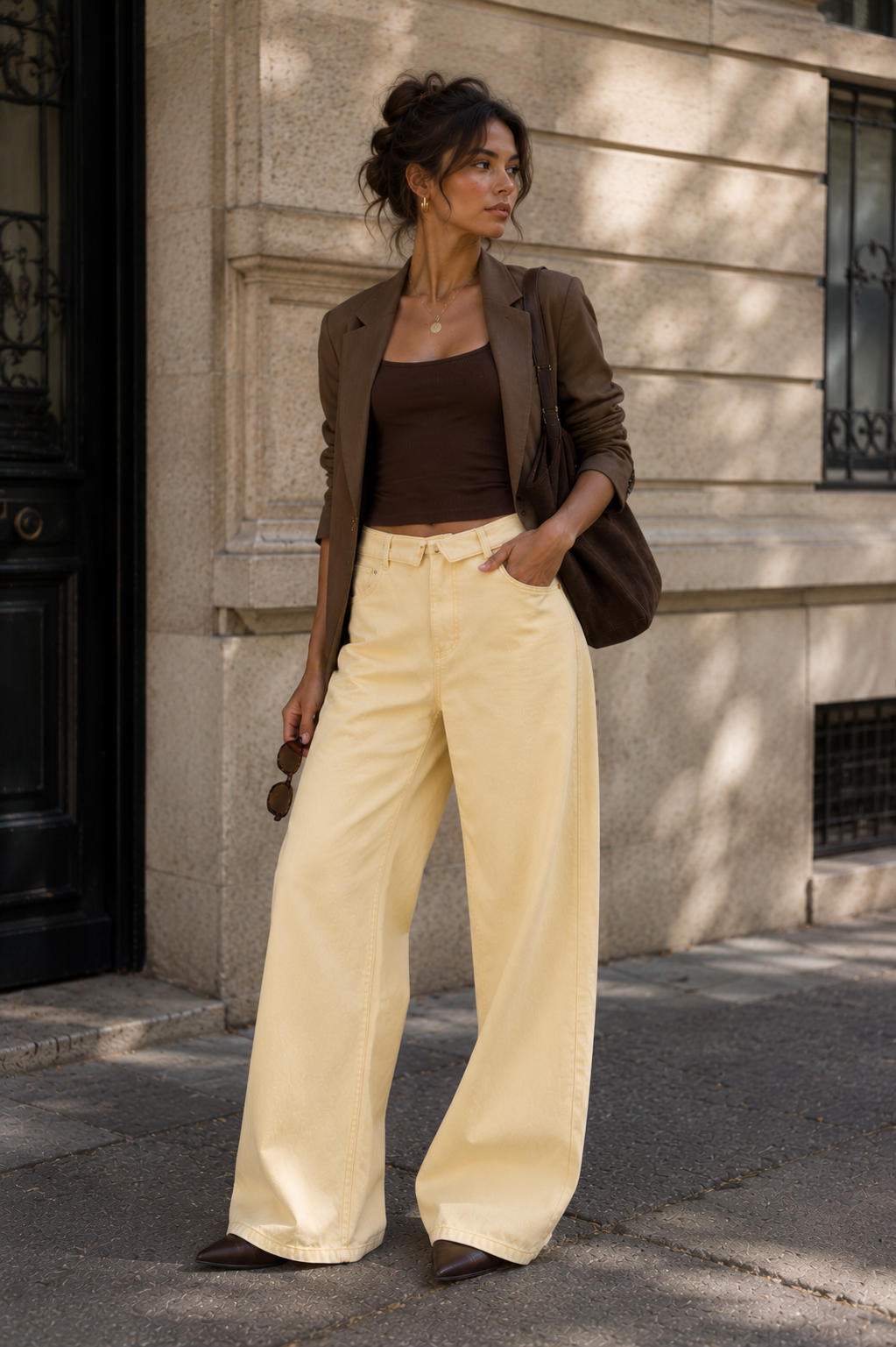 Beige Denim Turned-Hem Pants