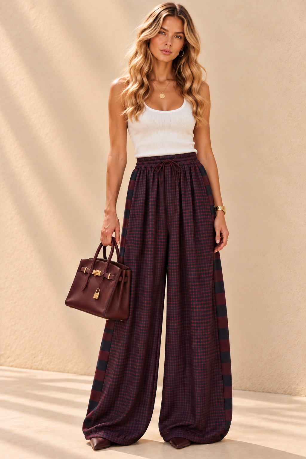 Burgundy Plaid Wide-Leg Trousers