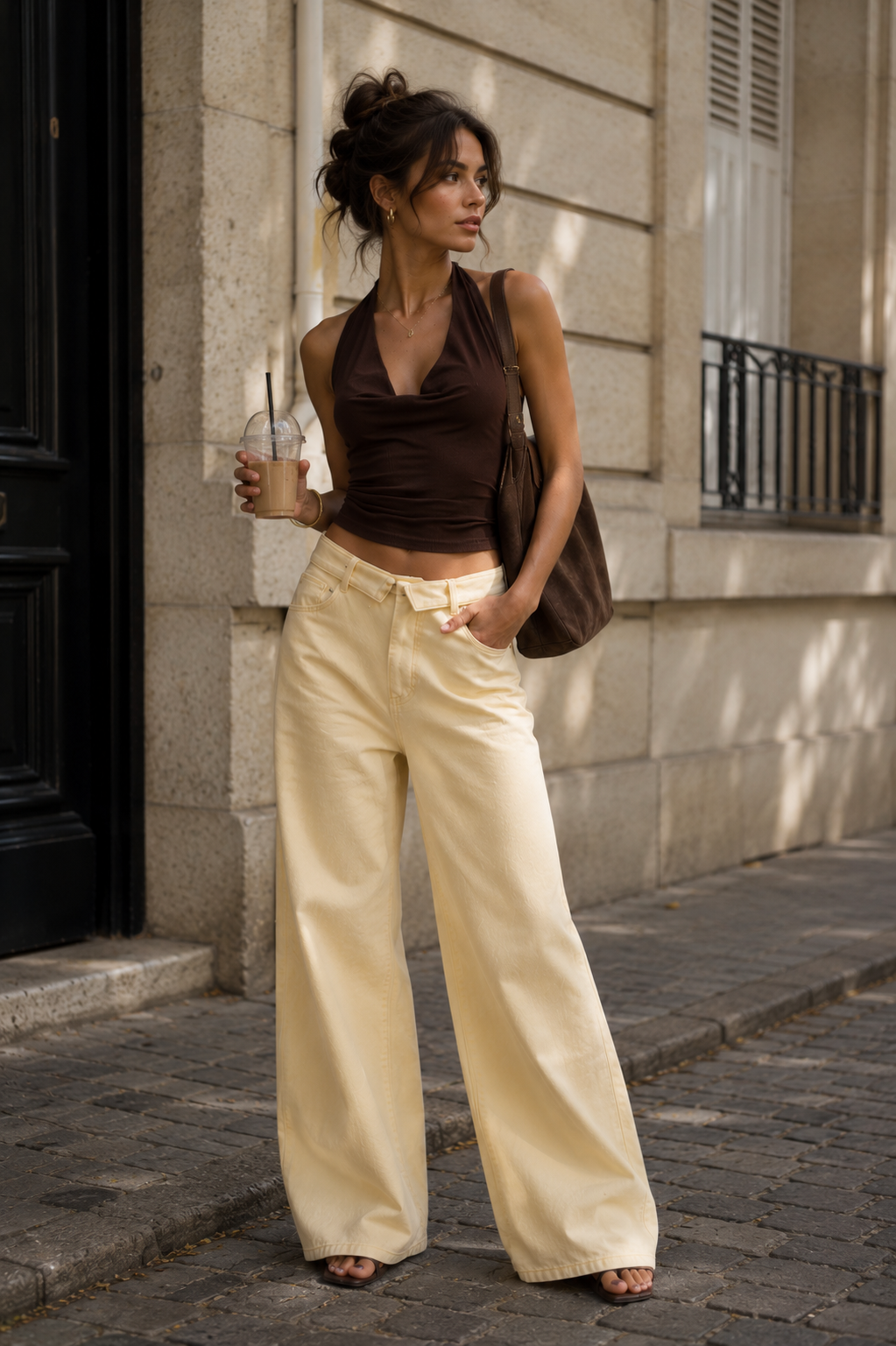 Beige Denim Turned-Hem Pants