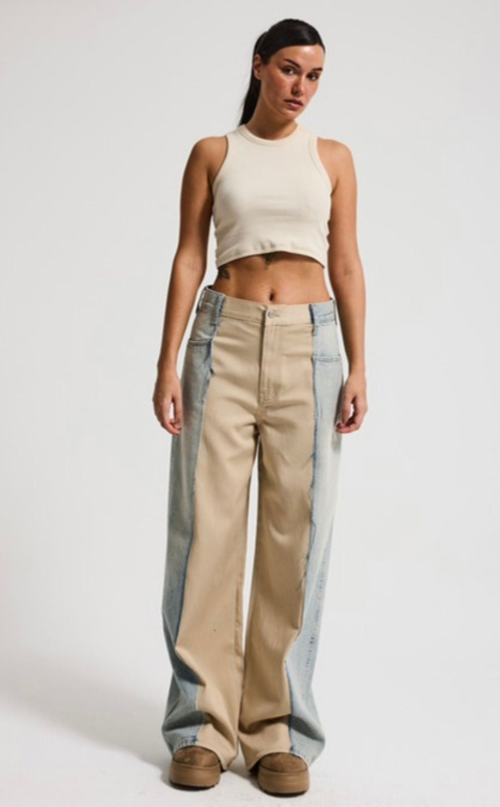 Beige & Denim Two-Tone Pants