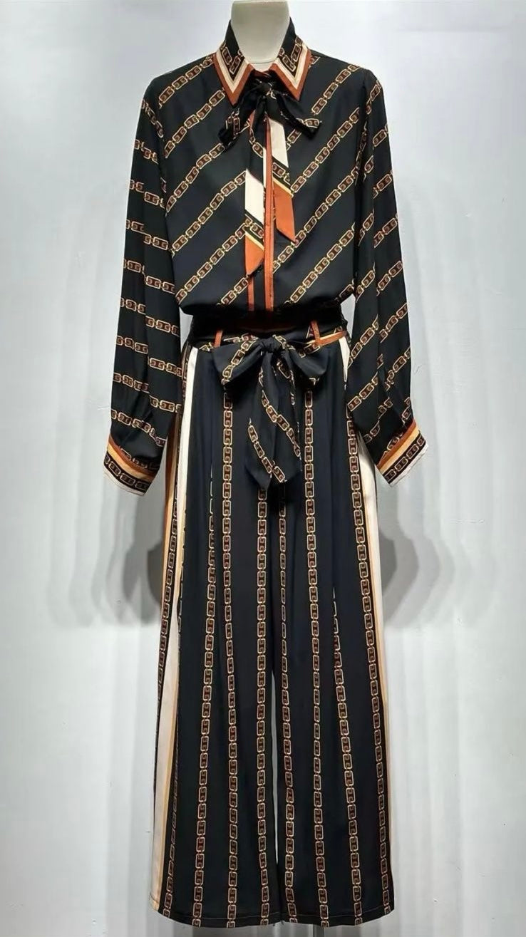 Chain Print Shirt & Palazzo Pants Co-Ord Set - Black & Coral