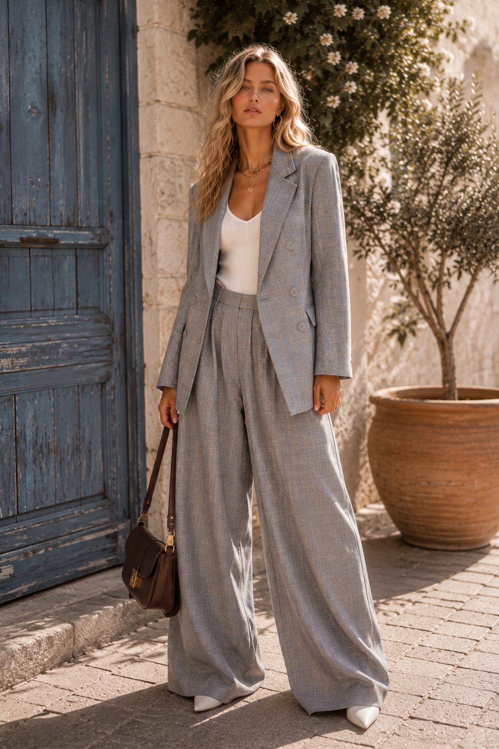 Grey Check Oversized Blazer & Wide-Leg Trousers Set