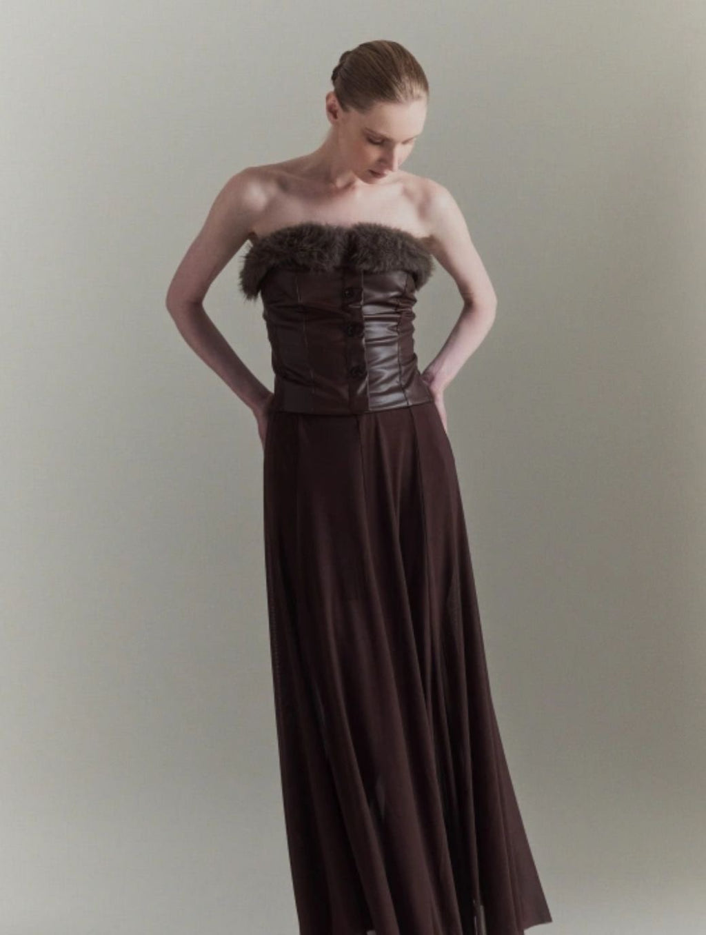 Leather Fur-Trim Corset Top