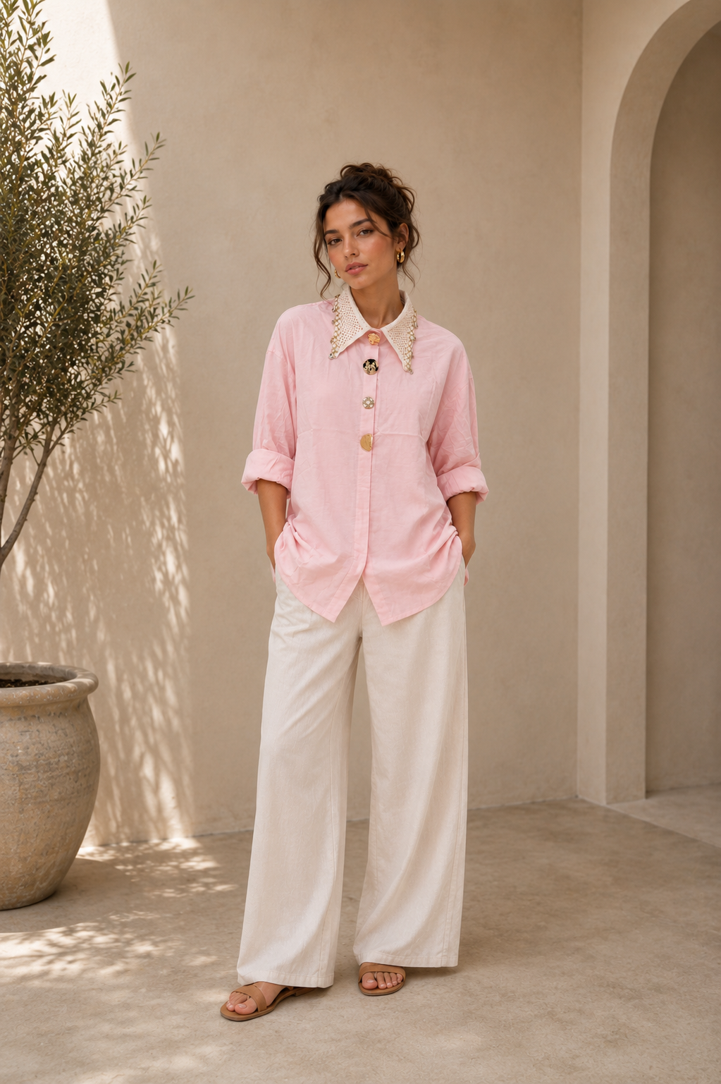 Linen with Crochet collar